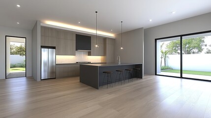 Contemporary Home Kitchen with Bar Island and Cooking Space Adjacent to Window