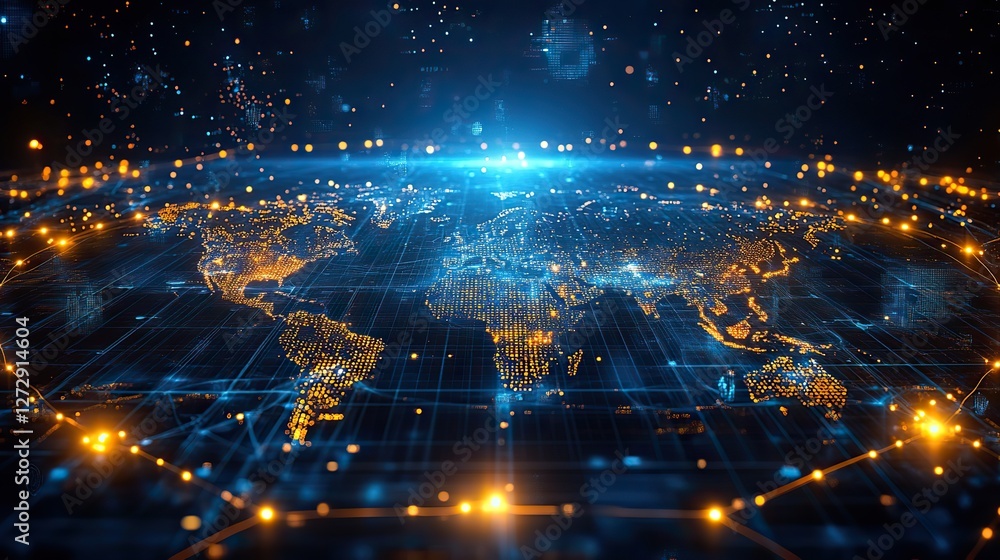 Poster futuristic blockchain interface display with global map decentralized network,cryptocurrency concept