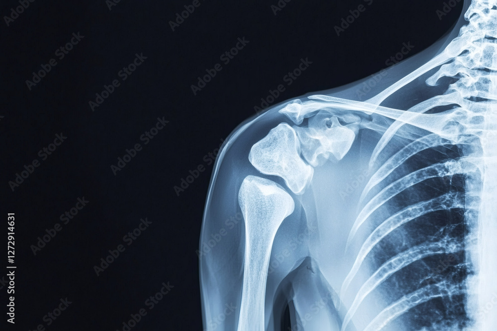 Poster artificial intelligence in medical detection. x ray image of shoulder joint showing bones and struct