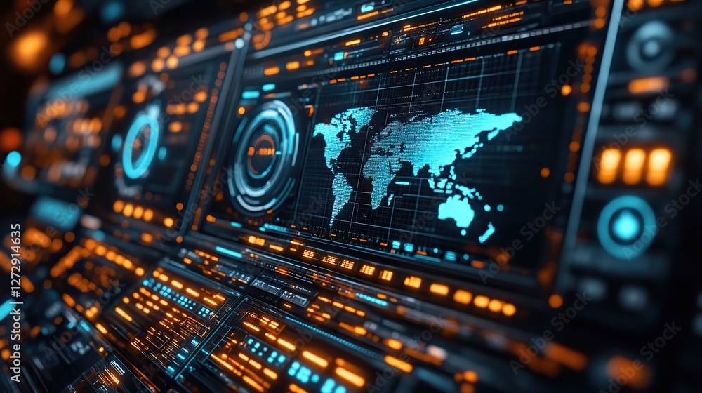 Poster futuristic blockchain interface display with global map decentralized network,cryptocurrency concept