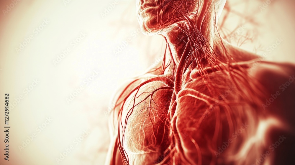 Poster an artistic rendering of the human circulatory system, featuring arteries and veins flowing through 