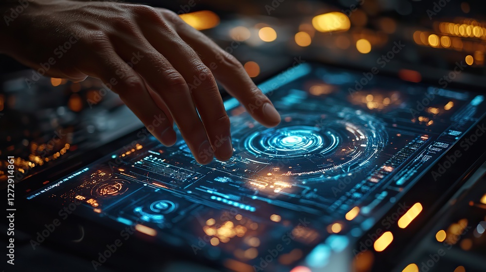 Aufkleber futuristic businessman using advanced digital tablet to visualize,plan innovative project in a moder