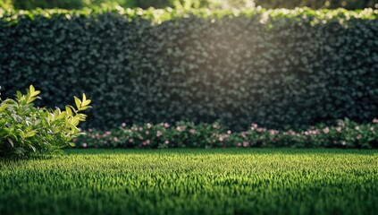 Lush green lawn, garden hedge, sunlight, flowers
