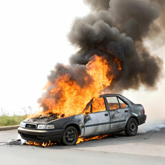 A dramatic scene of a car engulfed in bright, raging flames, with thick smoke billowing upwards.