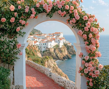 Fototapeta A white arch draped in pink roses frames a coastal path and town in southern Italy