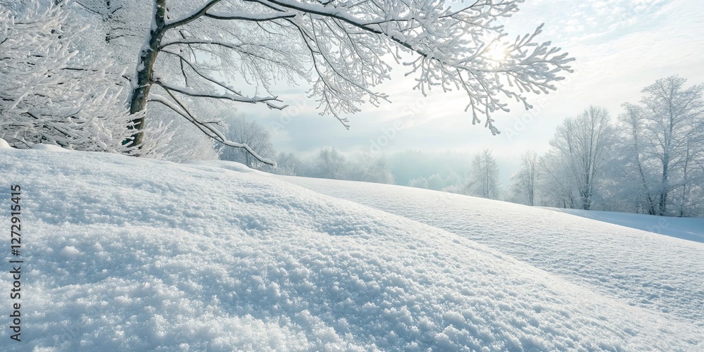 Poster a snowy hill with a tree in the background