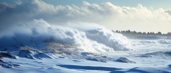Gigapixel aerial view of snowy coastal landscape amidst raging winter winds