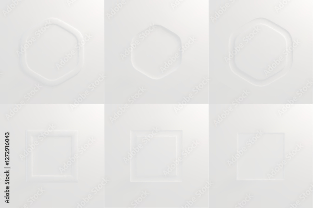Poster white embossed geometric frames collection with hexagonal and square shapes, relief patterns on clea