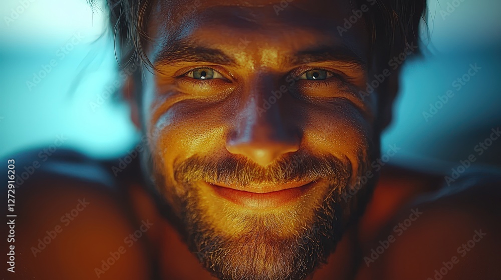 Poster a rugged man with a full beard showcasing a confident expression in a warm setting