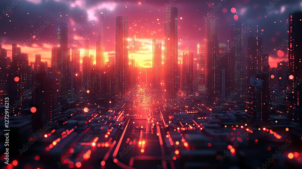 Poster futuristic digital metropolis 3d rendered circuitry,motherboard visualization information technology