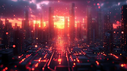 Fototapeta premium futuristic digital metropolis 3d rendered circuitry,motherboard visualization information technology,internet of things hub with dynamic data flow animation
