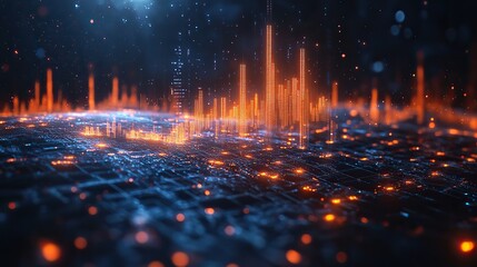 futuristic financial analysis blurry blue digital charts,forex data visualization on dark background a modern fintech concept