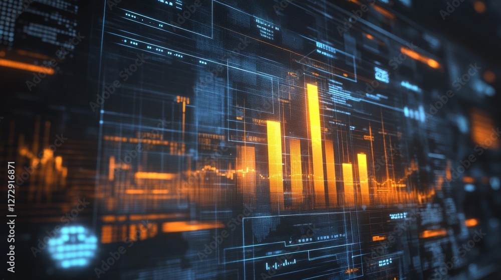 Poster a d bar graph representing financial data growth, set against a dark background with a digital inter