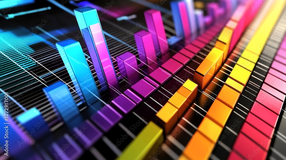 Fototapete A D bar graph with bright, metallic bars showing financial data in a minimalist setting, with a modern, sleek digital interface in the background.