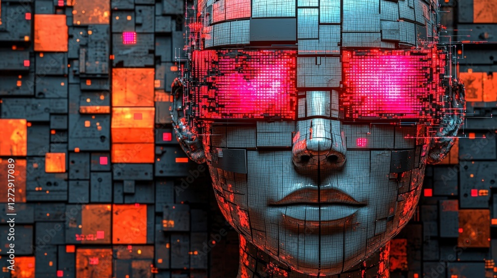 Poster futuristic robot character with a distinctive red light illuminating its face