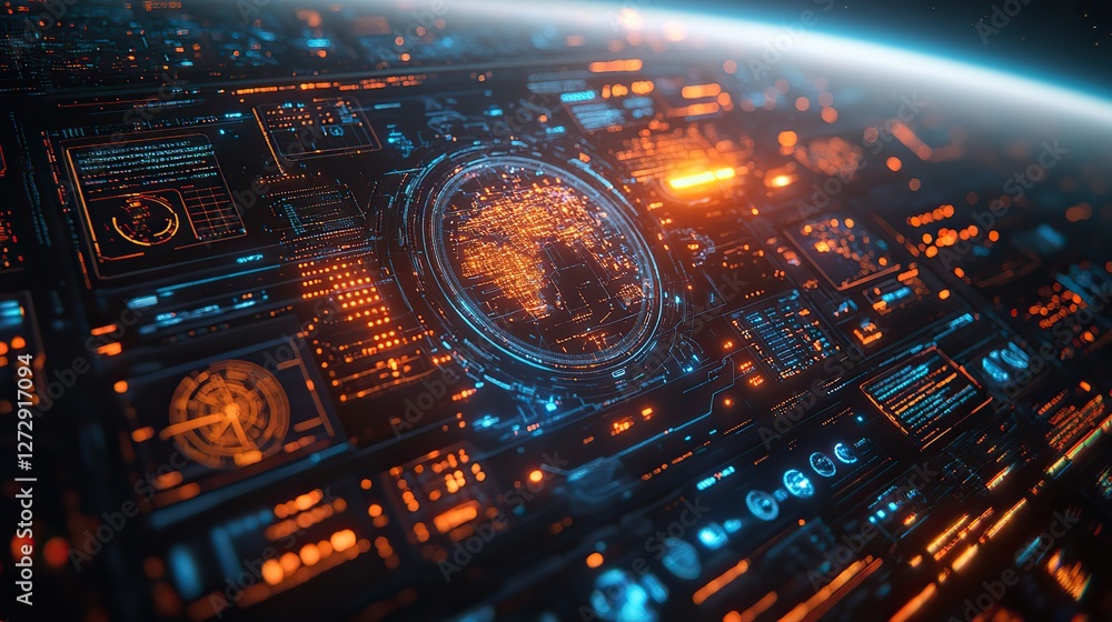 Poster futuristic hud interface with global network connections in 3d digital illustration showcasing advan