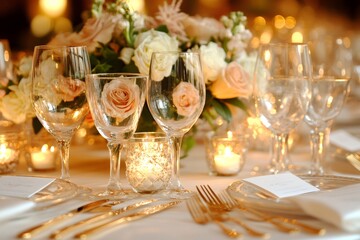 Elegant wedding table setting with roses and candles creating a romantic atmosphere