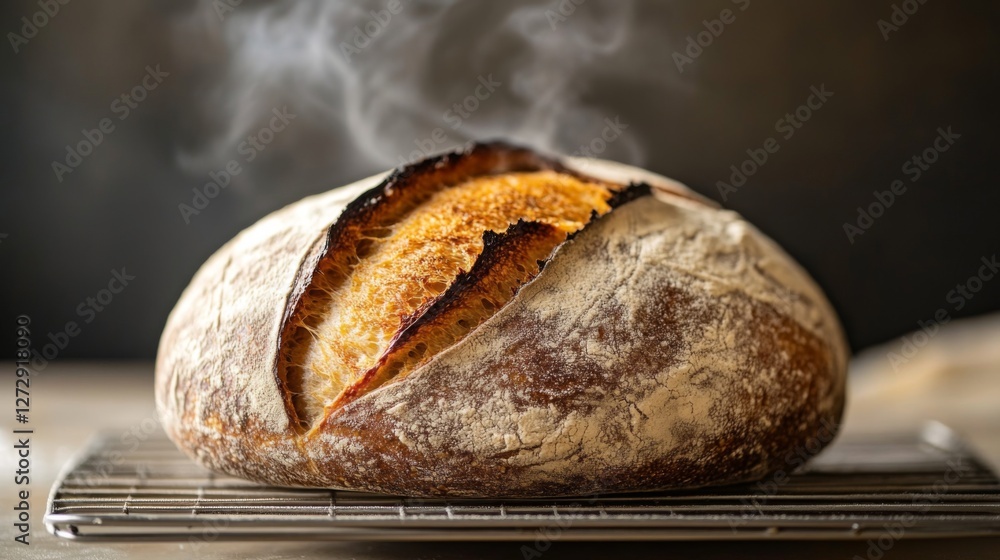 Poster A beautifully shaped sourdough loaf with a crispy crust, resting on a wire rack, with steam rising to create an inviting and fresh atmosphere.