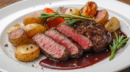A beautifully plated steak dish, topped with a rich red wine sauce and accompanied by roasted potatoes and seasonal vegetables, showcasing culinary elegance.