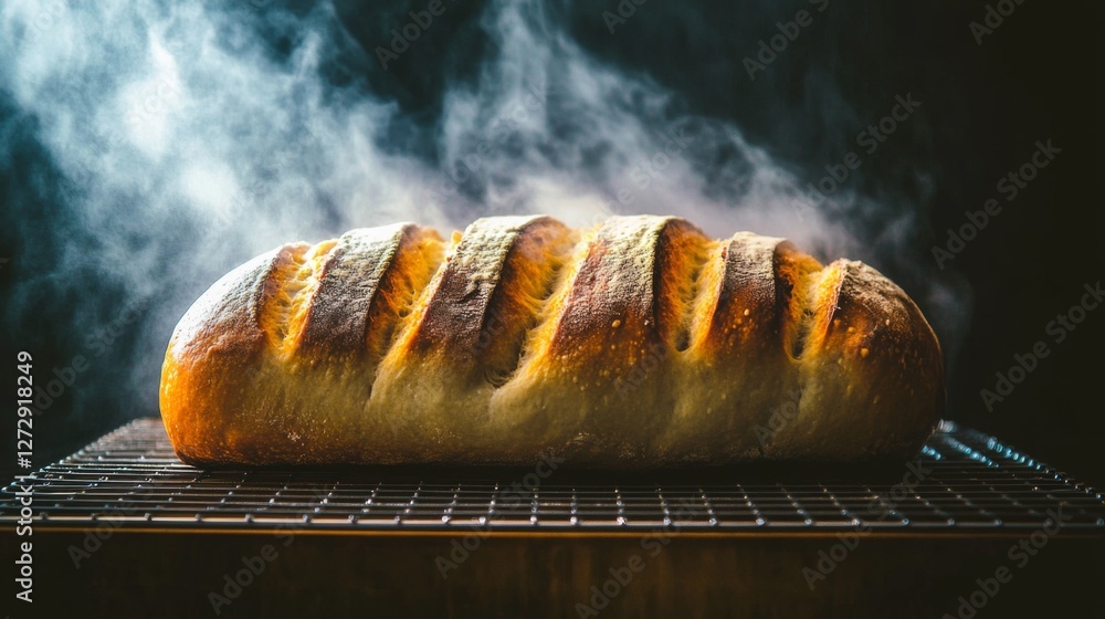 Poster A beautifully shaped sourdough loaf with a crispy crust, resting on a wire rack, with steam rising to create an inviting and fresh atmosphere.