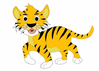 cartoon-styled illustration of a tiger, depicted in a simple and friendly manner. The tiger is standing and facing forward, with its body shown in profile and its head turned slightly towards the view