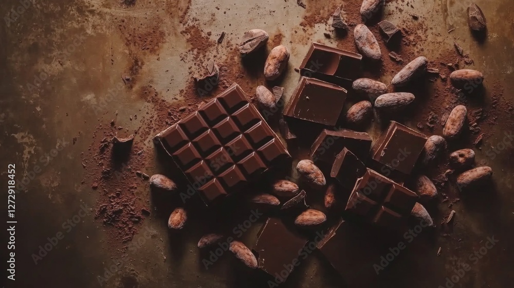 Poster a beautiful overhead shot of chocolate bars and cocoa beans scattered on a rustic table, evoking the