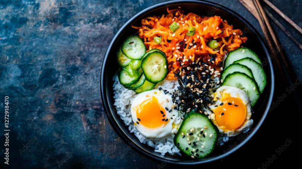 Aufkleber a beautiful overhead view of a bowl of fried rice with various toppings, including sliced cucumber a