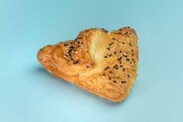 Samsa with meat on blue background top view. bright blue background color.