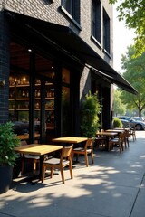 Fototapeta premium Sun-Drenched Patio Seating at a Brick Building with Large Windows and Black Awnings