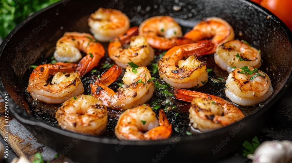 Poster a captivating image of grilled shrimp sizzling in a cast-iron skillet, with fresh garlic and herbs, 