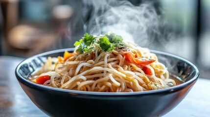 A captivating shot of rice noodles being gently tossed in a bowl of spicy curry sauce, with steam rising, illustrating the warmth and comfort of this traditional dish.