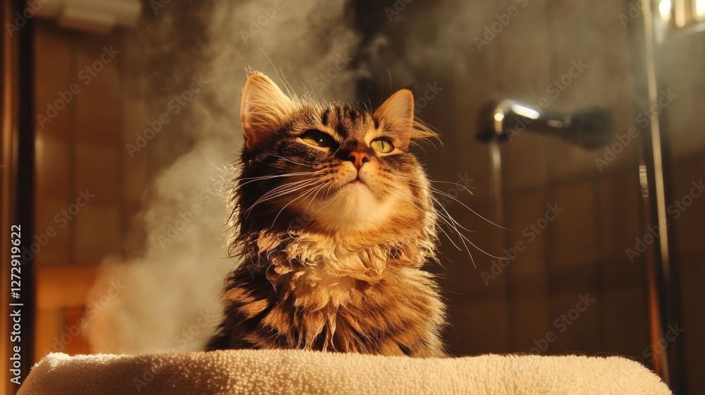 Poster A charming image of a cat sitting on a towel with a satisfied expression after its bath, with steam rising in the background, creating a cozy atmosphere.