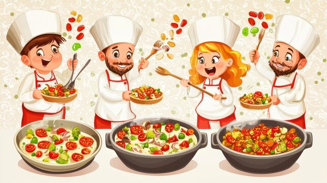 Cooking competition among chefs kitchen illustration vibrant environment cheerful viewpoint culinary art