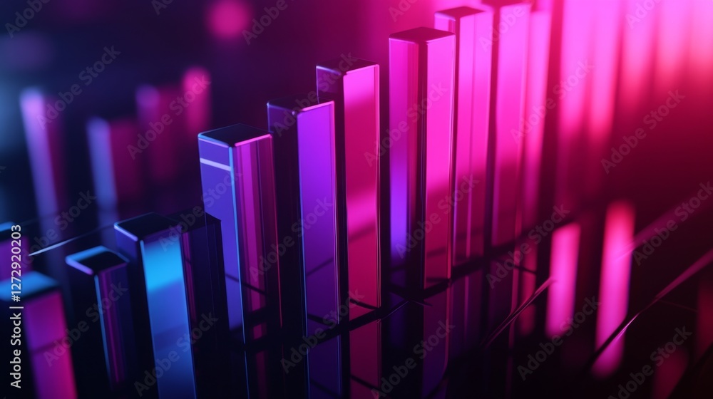 Leinwandbilder A close-up of a D bar chart showing business growth and financial trends, with a dark gradient background and reflective surfaces for a sleek look.