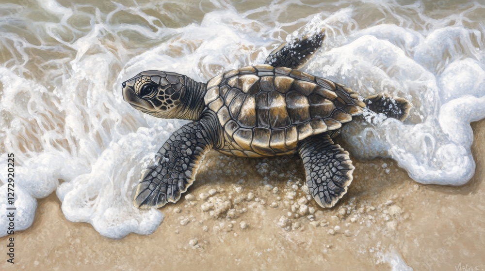 Poster a close-up of a baby sea turtle making its way to the ocean, with soft sand surrounding it and gentl