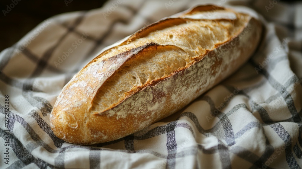 Poster a close-up of a crusty baguette resting on a checkered cloth, highlighting its texture and warmth in