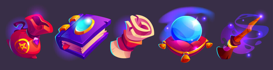 Game witch icons pack with magical sack, spell book with crystal, enchanted scroll, glowing fortune telling orb on cushion, mystical broom with sparkles. Fantasy items set for rpg interface design.