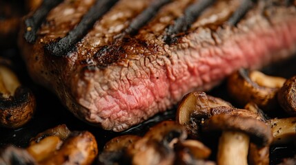 A close-up of a grilled steak with a crispy crust and juicy interior, accompanied by a side of sauted mushrooms, showcasing culinary perfection.