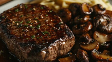 A close-up of a grilled steak with a crispy crust and juicy interior, accompanied by a side of sauted mushrooms, showcasing culinary perfection.
