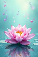 Serene Pink Water Lily Blossom with Floating Musical Notes, a Symbol of Tranquility and Harmony