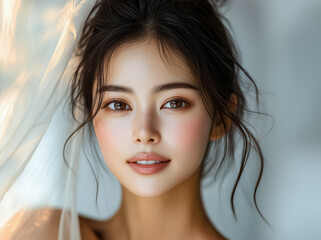 Naklejka premium Portrait of a young woman with a natural, radiant smile and elegant hairstyle.