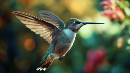 Naklejka premium A close-up of a hummingbird hovering in mid-air, with iridescent feathers glistening, capturing the incredible detail of its wings in motion.