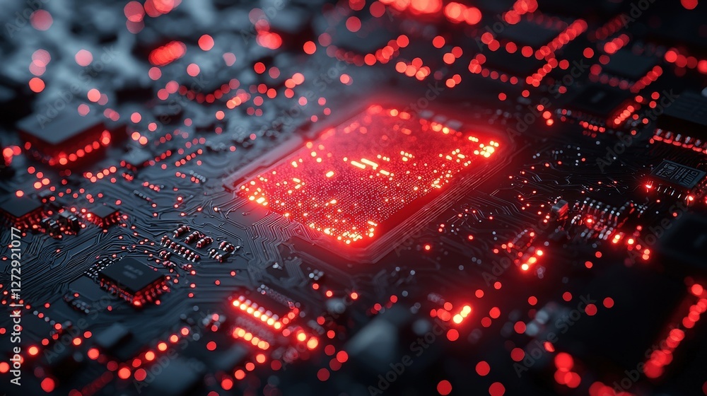Poster closeup view of intricate circuit board featuring illuminated red lights and technical details