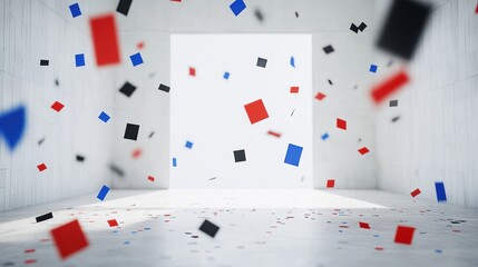 Colorful Geometric Confetti Falling in a Bright Minimalist Interior Space with Open Door