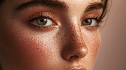 A close-up of a womans face with delicate freckles, her expression calm and serene, highlighting her natural beauty and individuality in a soft light.
