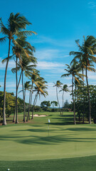 A tropical golf course with palm trees, a small flag, and a white golf ball on the green's edge.