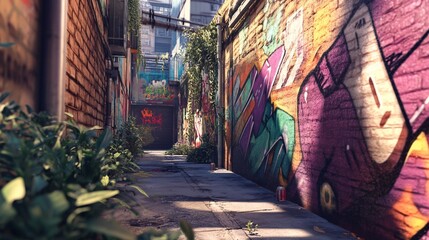 Obraz premium Urban alleyway graffiti art scene, background buildings