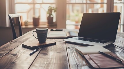 Modern home office setup with laptop, notebook, and coffee cup on wooden desk, symbolizing hybrid work. Minimalist decor with copy space, ideal for remote work and productivity concepts.