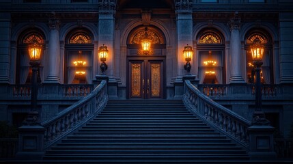 Obraz premium Grand city mansion entrance at night, ornate stairs and doors