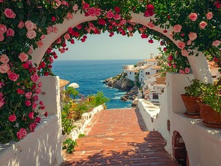 Fototapeta premium A white arch draped in pink roses frames a coastal path and town in southern Italy